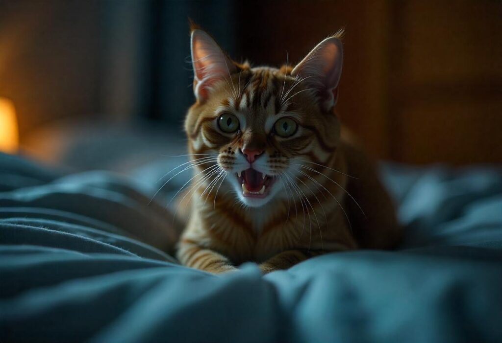 An aggressive cat captured at night on bed of its owner