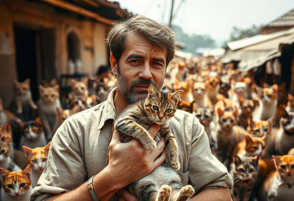 Man holding a cat with a crowd of rescued cats behind him