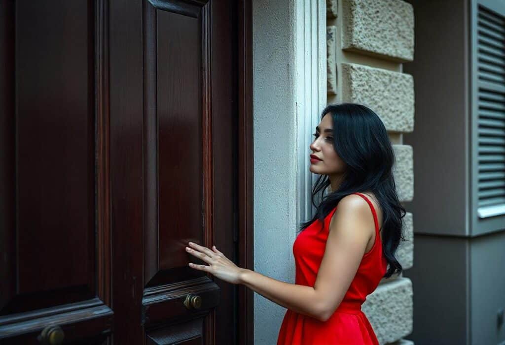 woman at the door of the man, knocking
